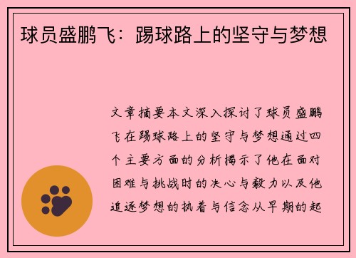 球员盛鹏飞：踢球路上的坚守与梦想